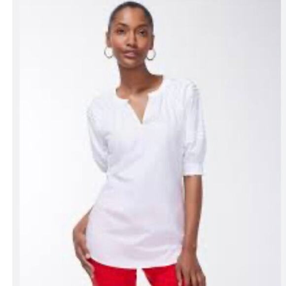 Chico’s  White V-Neck Short Sleeve Cotton Poplin Top Peasant Style Size 2 US 8 - Picture 1 of 7